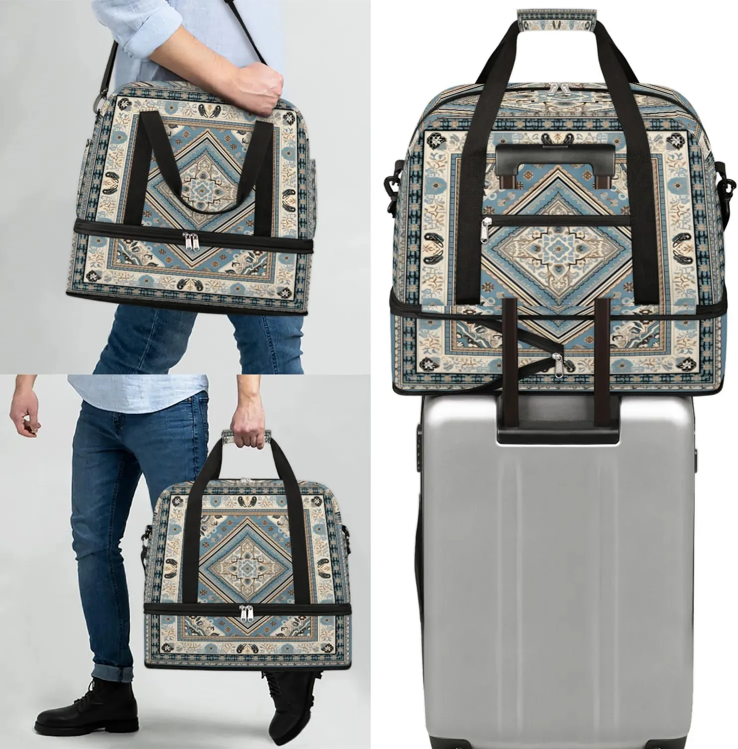 Abstract Printing Boho Flora Travel Duffle Bag, Collapsible Travel Bag Sports Gym Bag With Shoes Compartment Weekender Bag Overnight Bag For Women Men