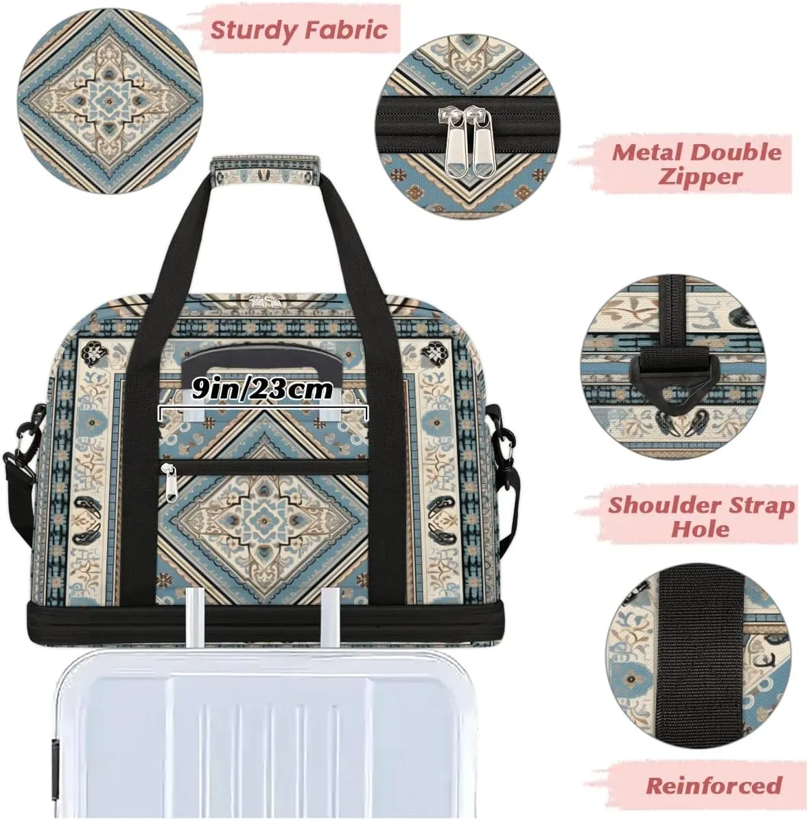 Abstract Printing Boho Flora Travel Duffle Bag, Collapsible Travel Bag Sports Gym Bag With Shoes Compartment Weekender Bag Overnight Bag For Women Men