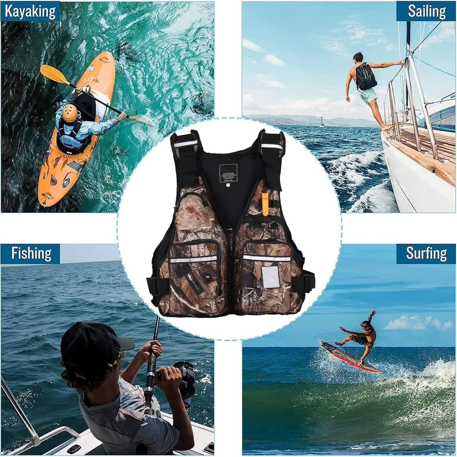Adjustable Fishing Jackets with Multi-Pockets and Reflective Stripe for Paddle Boarding Kayaking Snorkel