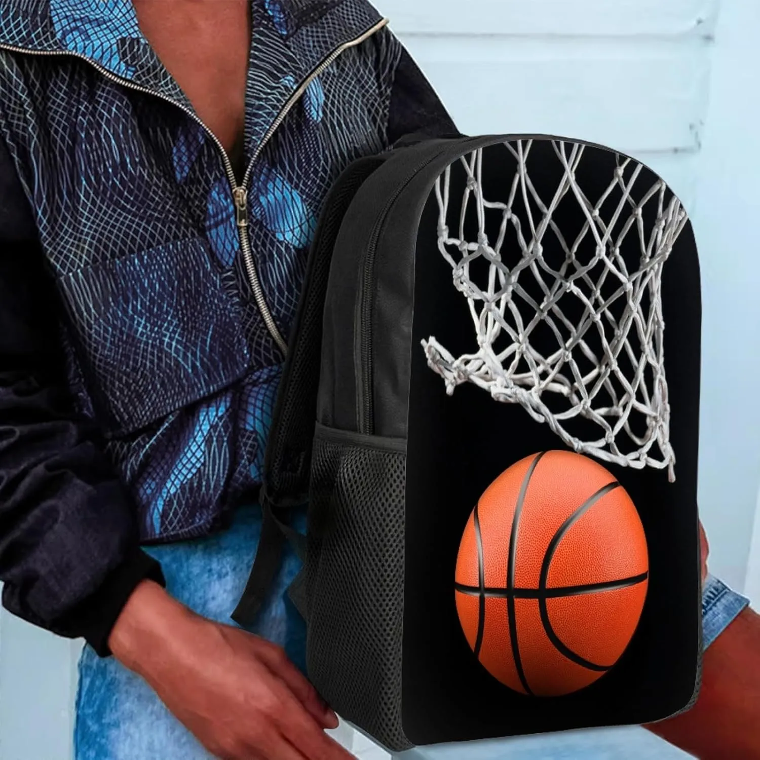 AFPANQZ Basketball Print Backpack for Teenagers 17 Inches Bookbags Slim Lightweight Schoolbags for High School Casual Daypack Rucksack