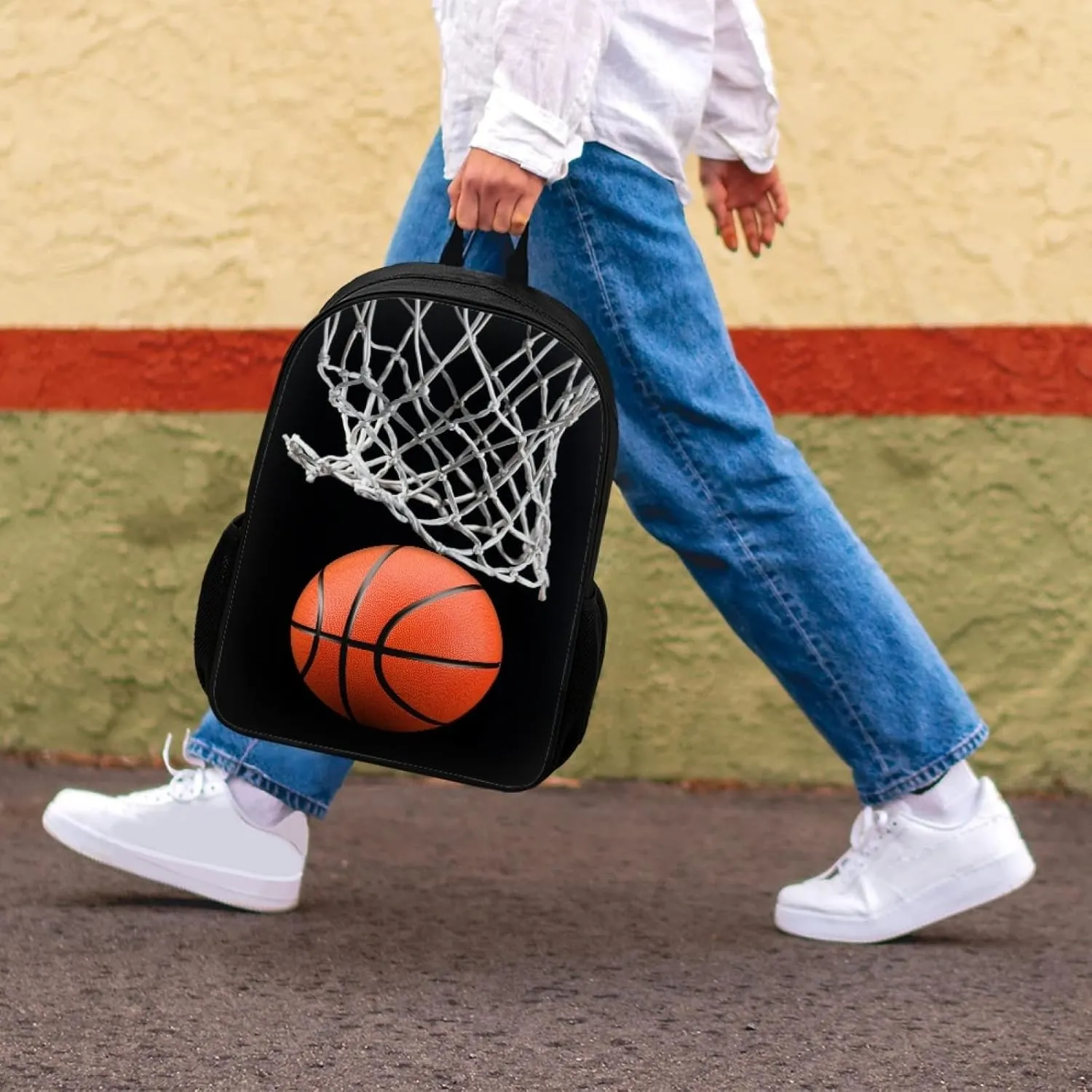 AFPANQZ Basketball Print Backpack for Teenagers 17 Inches Bookbags Slim Lightweight Schoolbags for High School Casual Daypack Rucksack