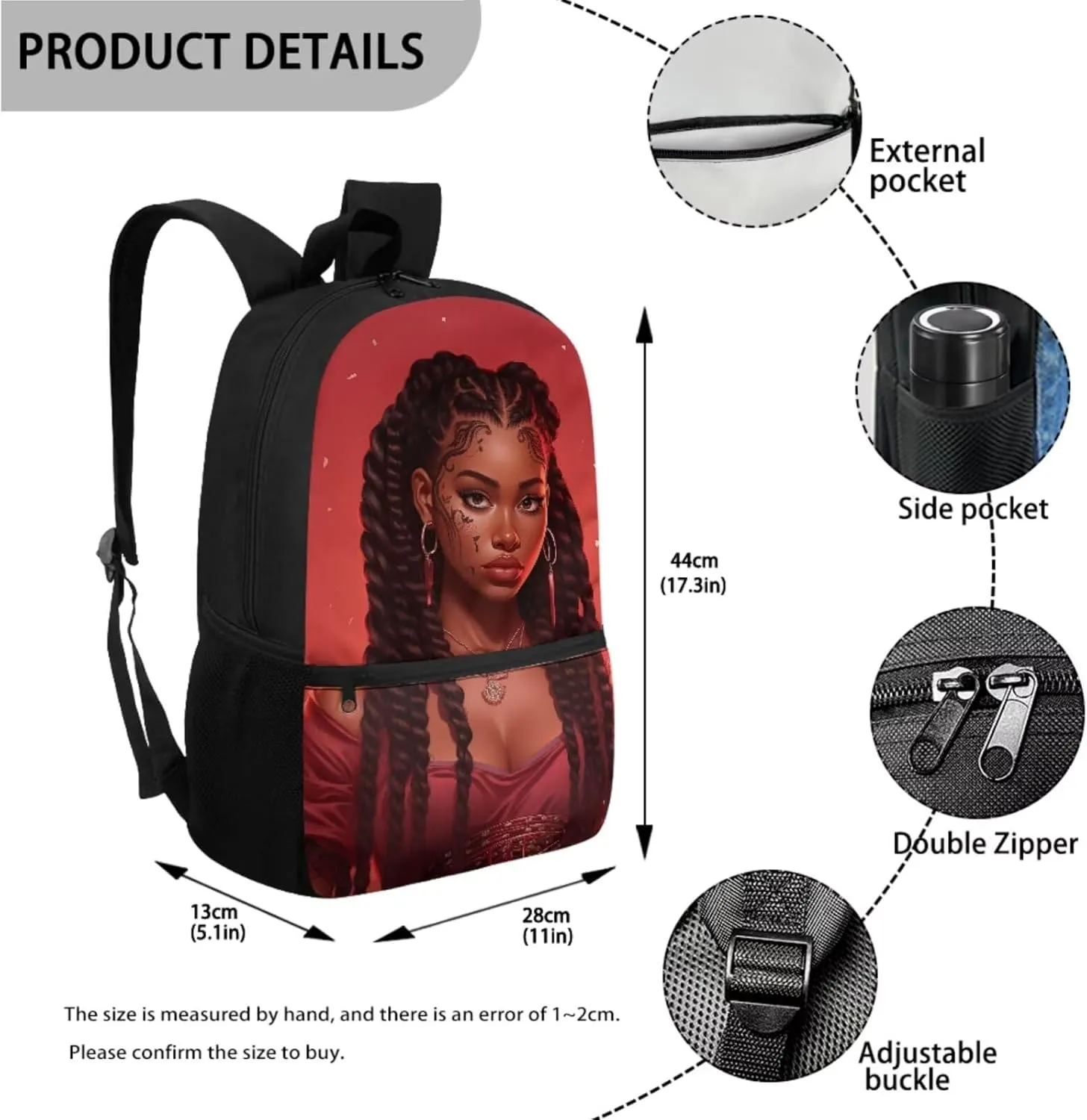 African Girl Art Design Backpack Set, Children's Travel Bookbag Schoolbag Backpacks Rucksack for Laptop Computer Tablet Lunch Tote Bag Pen Case Water Bottle Cover Cup Accessories, Red