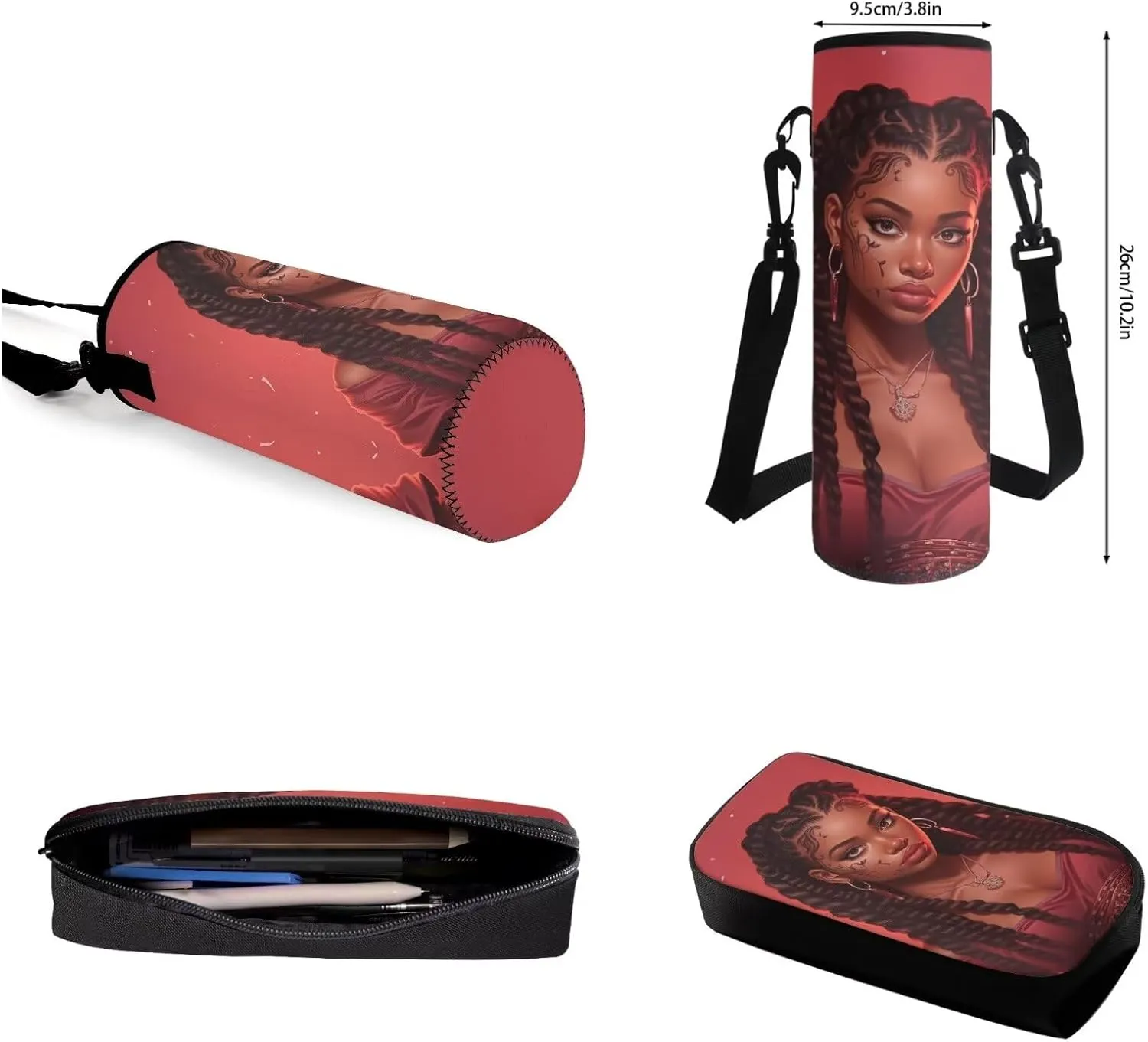 African Girl Art Design Backpack Set, Children's Travel Bookbag Schoolbag Backpacks Rucksack for Laptop Computer Tablet Lunch Tote Bag Pen Case Water Bottle Cover Cup Accessories, Red
