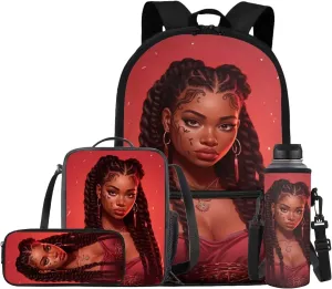 African Girl Art Design Backpack Set, Children's Travel Bookbag Schoolbag Backpacks Rucksack for Laptop Computer Tablet Lunch Tote Bag Pen Case Water Bottle Cover Cup Accessories, Red