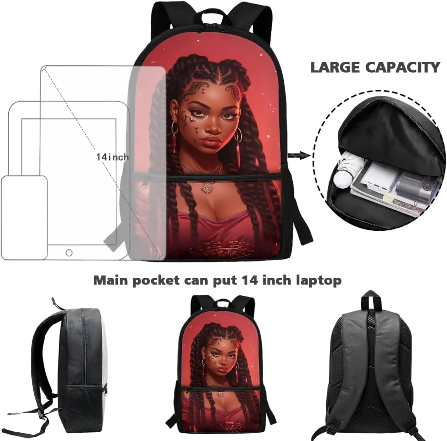 African Girl Art Design Backpack Set, Children's Travel Bookbag Schoolbag Backpacks Rucksack for Laptop Computer Tablet Lunch Tote Bag Pen Case Water Bottle Cover Cup Accessories, Red
