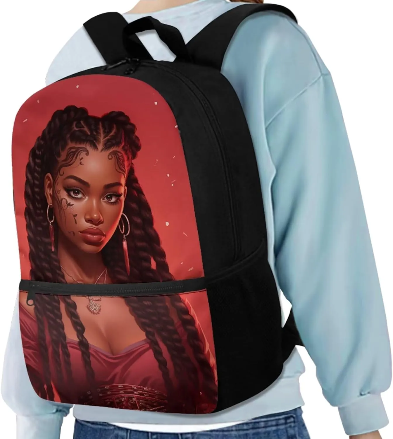 African Girl Art Design Backpack Set, Children's Travel Bookbag Schoolbag Backpacks Rucksack for Laptop Computer Tablet Lunch Tote Bag Pen Case Water Bottle Cover Cup Accessories, Red