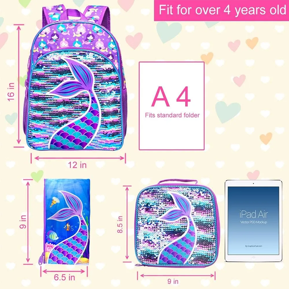 AGSDON 3PCS Backpacks for Kids, 16" Little Kid Preschool School Bookbag and Lunch Box - Unicorn/Mermaid/Flamingo/Dinosaur