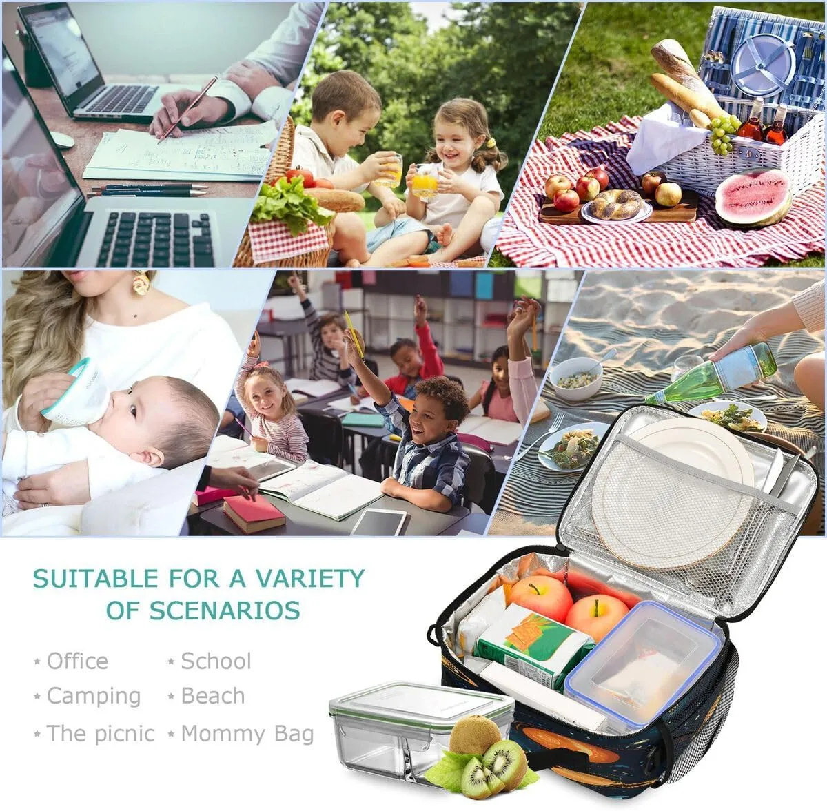 ALAZA Galaxy Nebula Solar System Space Lunch Bag Reusable Insulated Cooler Lunch Tote Bag with Adjustable Shoulder Strap for Boys Girls Travel Picnic