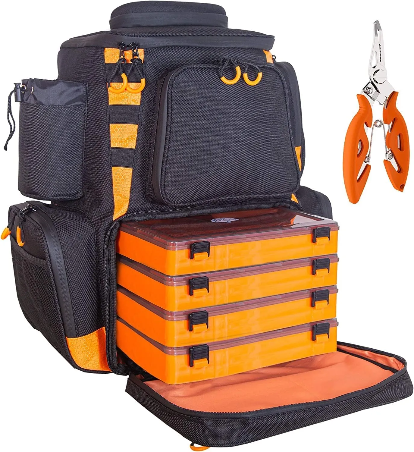 Amber Sporting Goods Fishing Backpack Waterproof Tackle Bag with Protective Rain Cover Includes 4 Tackle Boxes Stainless Steel Fishing Pliers and Lanyard