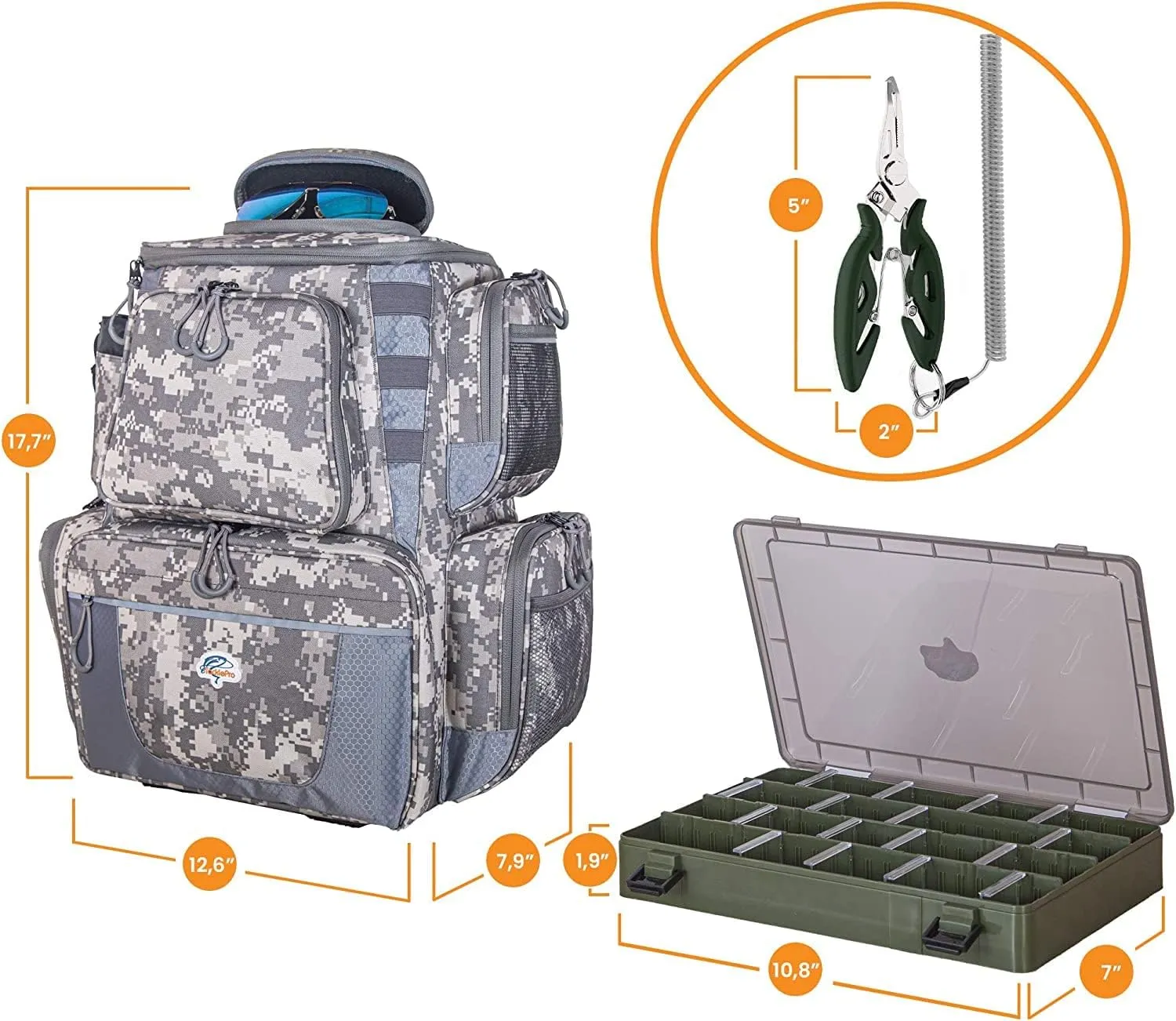 Amber Sporting Goods Fishing Backpack Waterproof Tackle Bag with Protective Rain Cover Includes 4 Tackle Boxes Stainless Steel Fishing Pliers and Lanyard