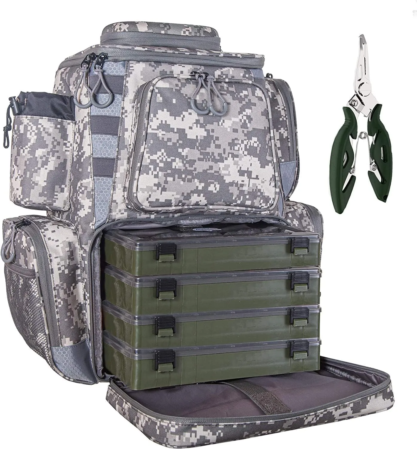 Amber Sporting Goods Fishing Backpack Waterproof Tackle Bag with Protective Rain Cover Includes 4 Tackle Boxes Stainless Steel Fishing Pliers and Lanyard