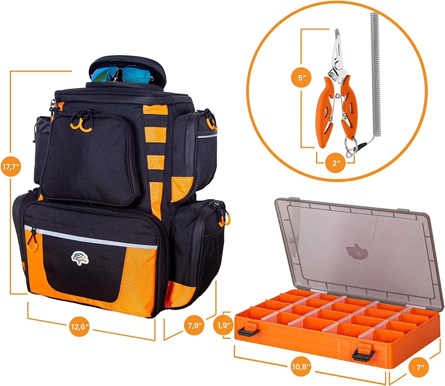 Amber Sporting Goods Fishing Backpack Waterproof Tackle Bag with Protective Rain Cover Includes 4 Tackle Boxes Stainless Steel Fishing Pliers and Lanyard