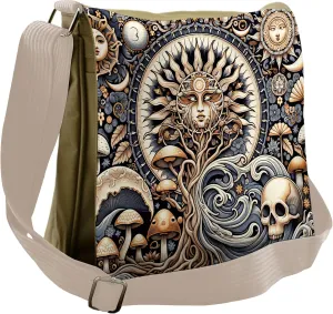 Ambesonne Boho Art Messenger Bag, Sun Skull Moon and Waves, Unisex Cross-body