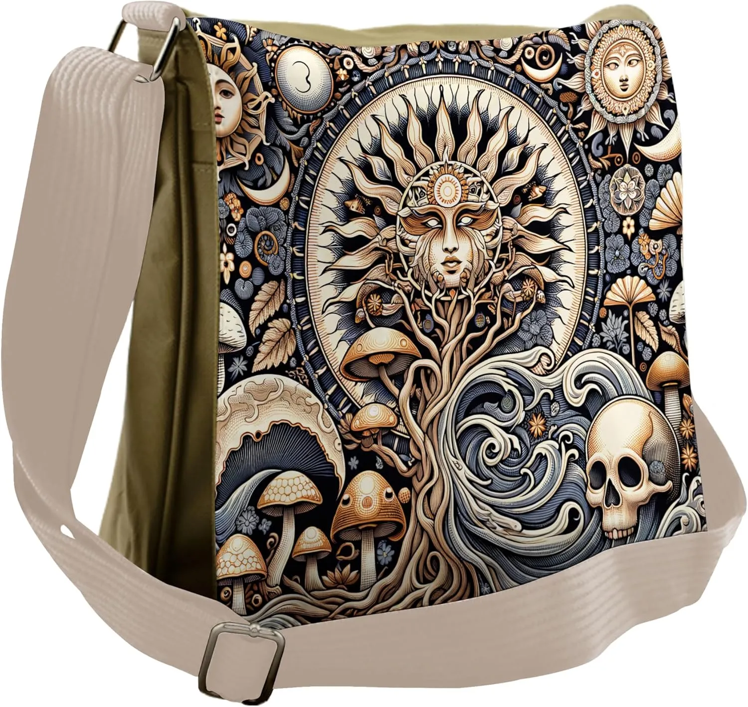 Ambesonne Boho Art Messenger Bag, Sun Skull Moon and Waves, Unisex Cross-body