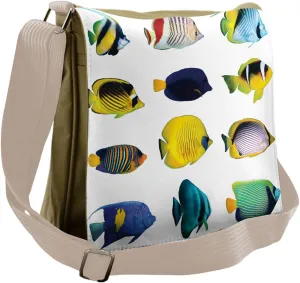 Ambesonne Fish Messenger Bag, Collage of Sea Animals, Unisex Cross-body