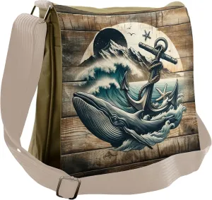 Ambesonne Nautical Messenger Bag, Cottage Anchor Whale Waves, Unisex Cross-body