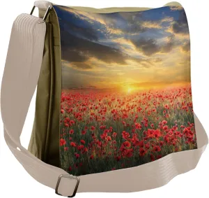 Ambesonne Poppy Flower Messenger Bag, Scenic Field Sunset, Unisex Cross-body