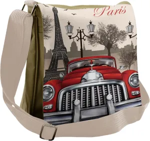 Ambesonne Retro Messenger Bag, Parisian City Scenery Car Art, Unisex Cross-body