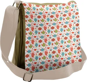 Ambesonne Tea Party Messenger Bag, Pots Cups and Spoons, Unisex Cross-body