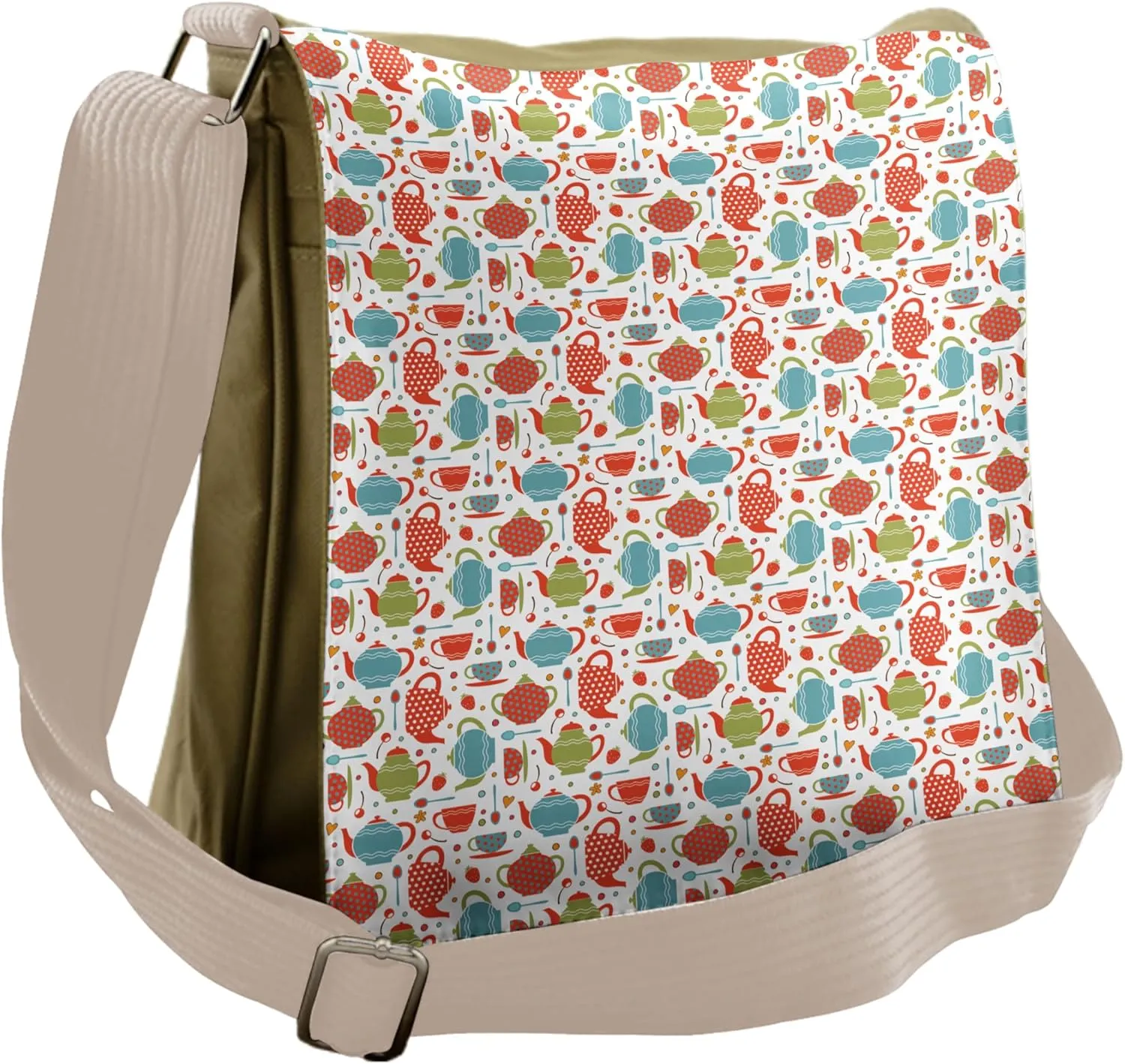Ambesonne Tea Party Messenger Bag, Pots Cups and Spoons, Unisex Cross-body