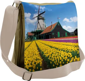 Ambesonne Windmill Messenger Bag, Dutch Tulips Country, Unisex Cross-body