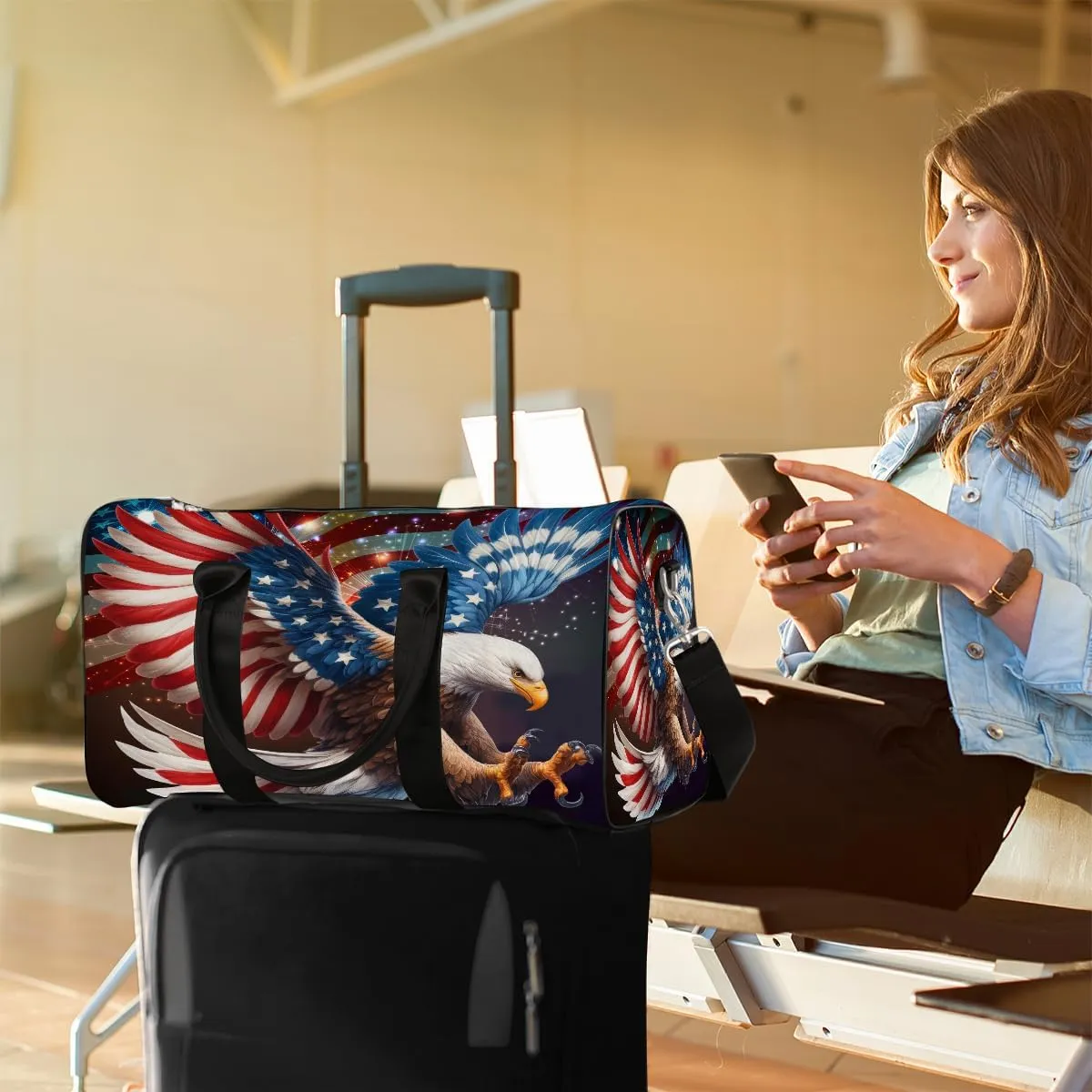 American Flag Independence Day Travel Duffle Bag Sports Gym Bags for Women Men Weekender Overnight Bags Waterproof Carry On Tote Bag Workout Bag for Dance Swimming Yoga Hospital