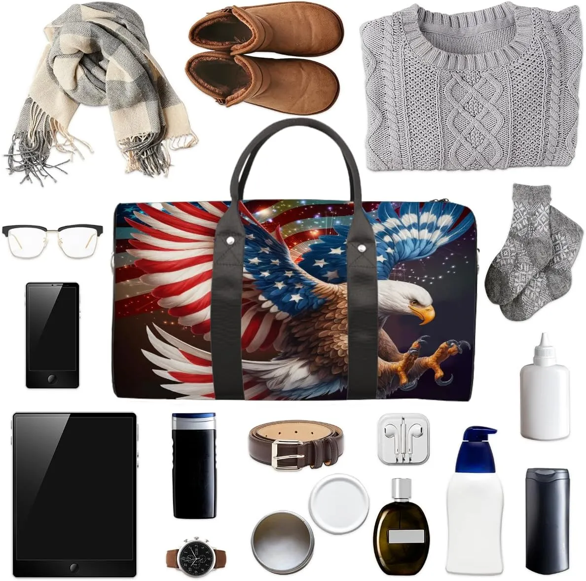 American Flag Independence Day Travel Duffle Bag Sports Gym Bags for Women Men Weekender Overnight Bags Waterproof Carry On Tote Bag Workout Bag for Dance Swimming Yoga Hospital
