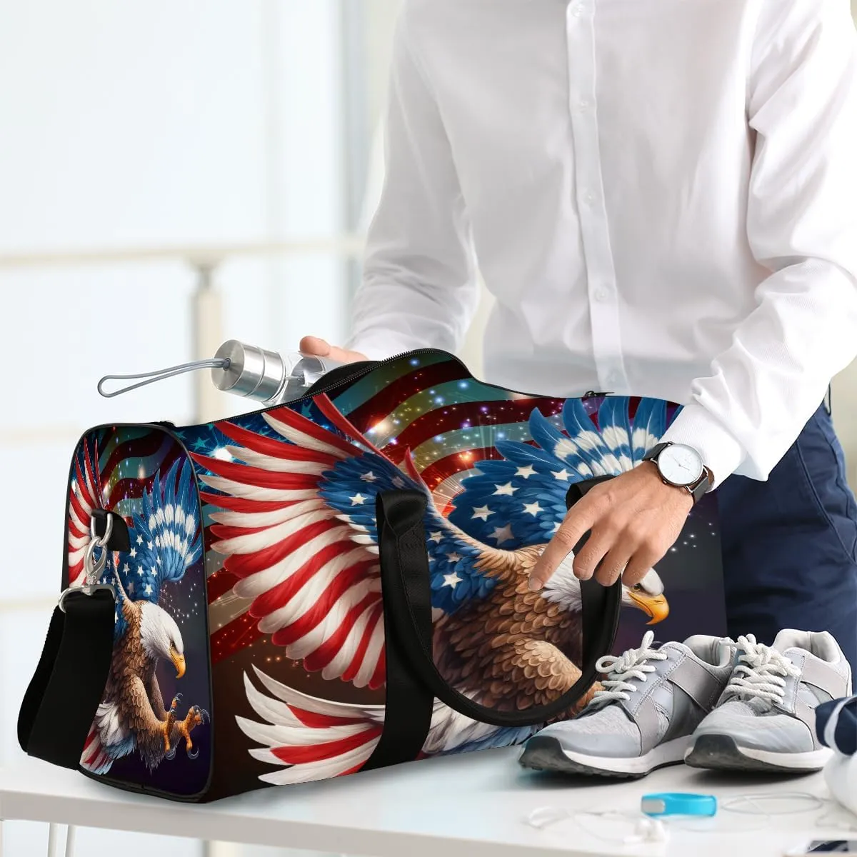 American Flag Independence Day Travel Duffle Bag Sports Gym Bags for Women Men Weekender Overnight Bags Waterproof Carry On Tote Bag Workout Bag for Dance Swimming Yoga Hospital