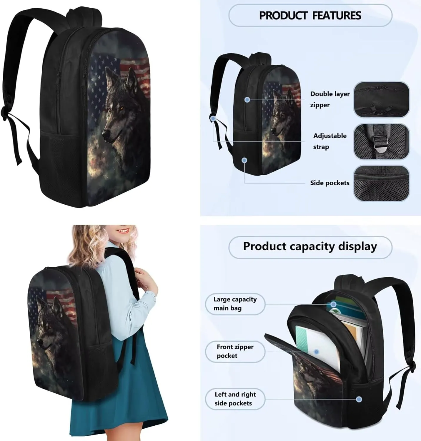 American Flag Wolf Backpack Set for Boys Backpacks Cool Book Bags for Elementary School Tote Bag with Cup Pockets 4 Pcs Daypack Insulated Lunch Box PencilCase Bookmarks for Students