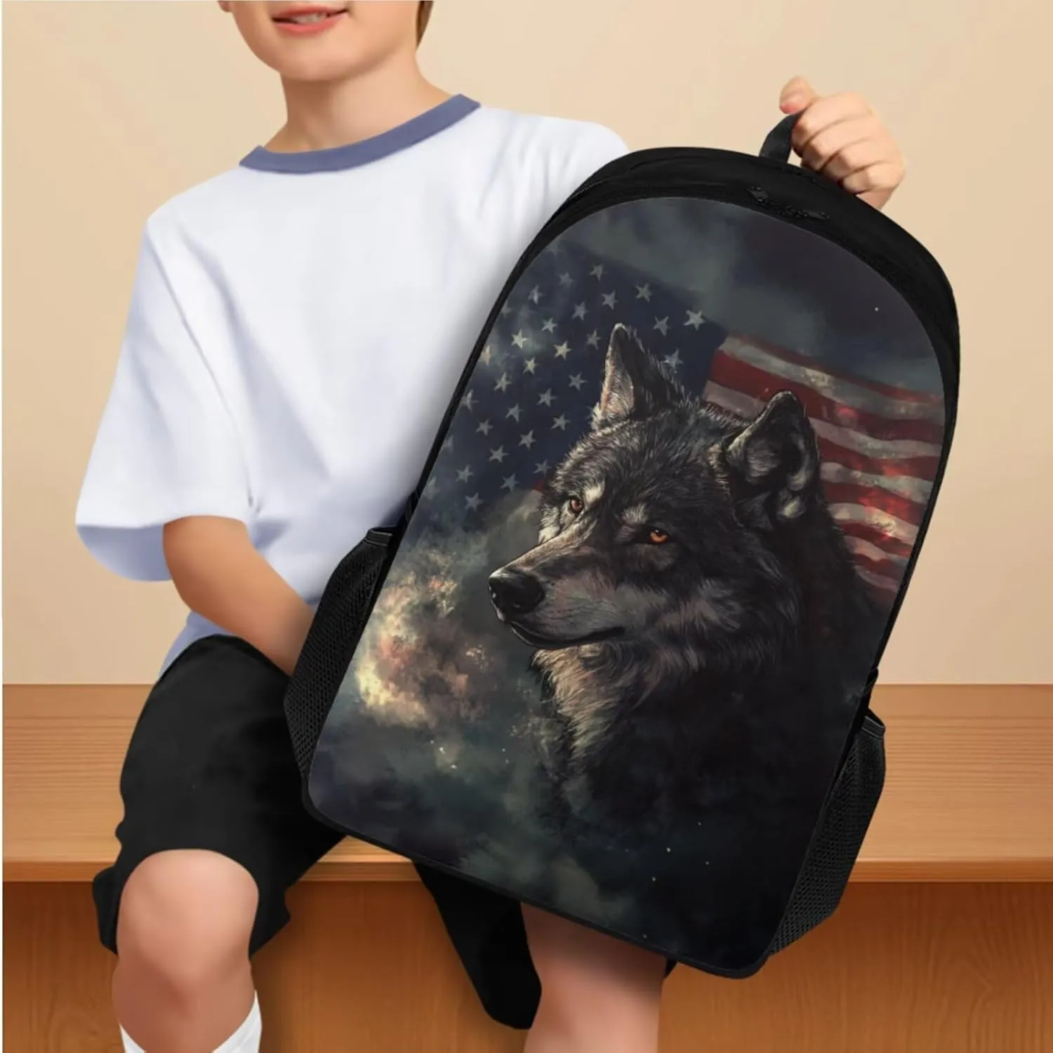 American Flag Wolf Backpack Set for Boys Backpacks Cool Book Bags for Elementary School Tote Bag with Cup Pockets 4 Pcs Daypack Insulated Lunch Box PencilCase Bookmarks for Students