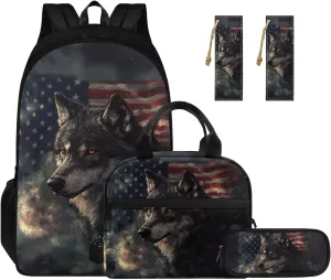 American Flag Wolf Backpack Set for Boys Backpacks Cool Book Bags for Elementary School Tote Bag with Cup Pockets 4 Pcs Daypack Insulated Lunch Box PencilCase Bookmarks for Students
