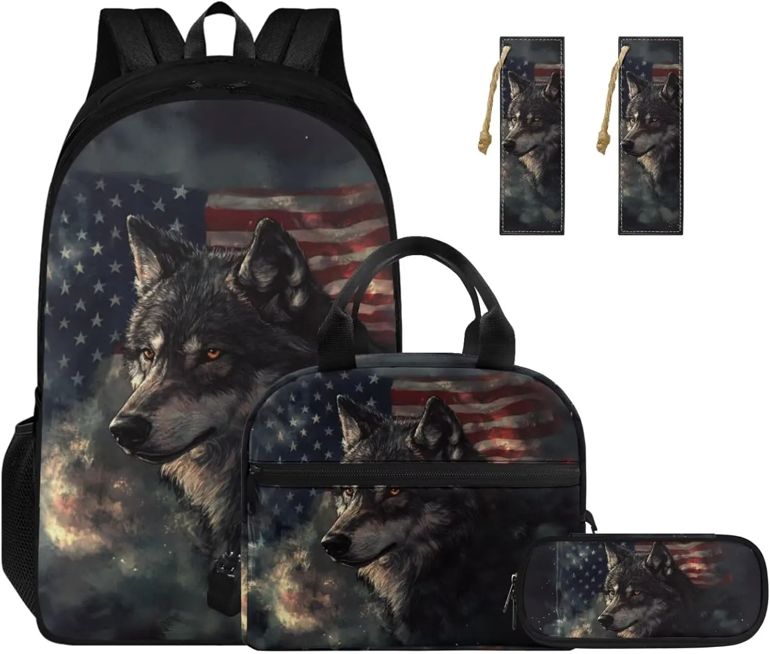 American Flag Wolf Backpack Set for Boys Backpacks Cool Book Bags for Elementary School Tote Bag with Cup Pockets 4 Pcs Daypack Insulated Lunch Box PencilCase Bookmarks for Students
