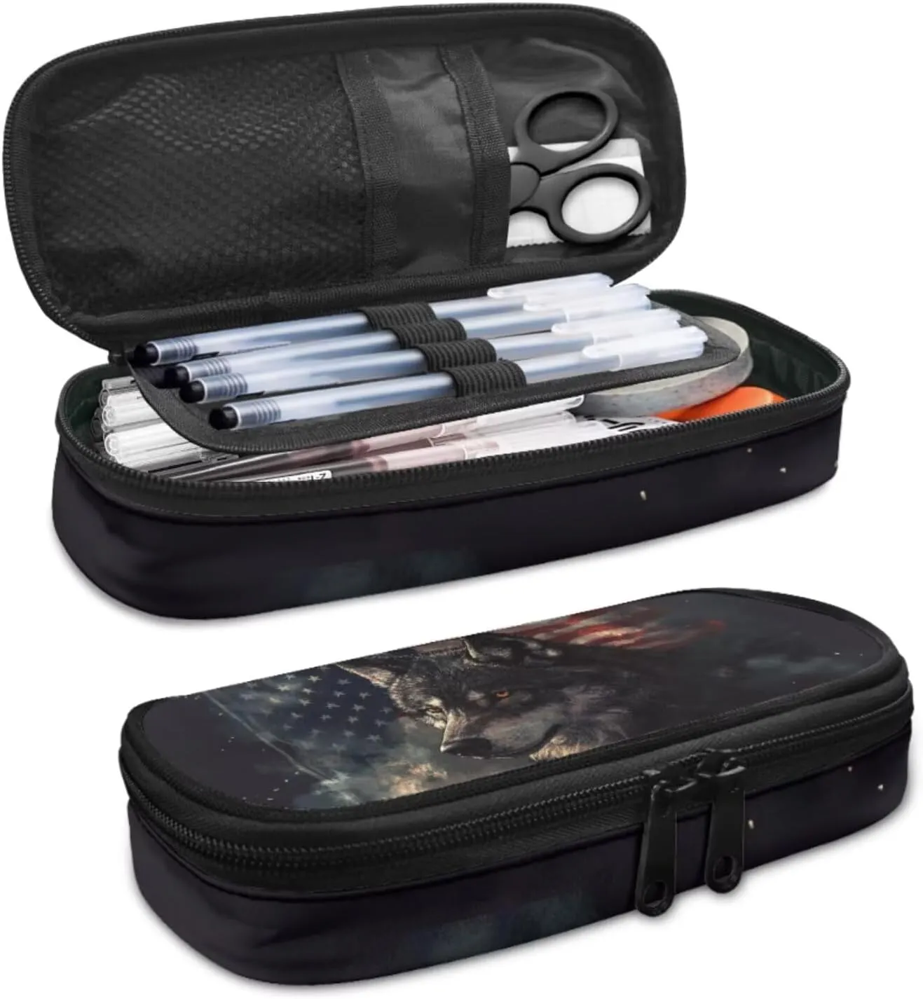 American Flag Wolf Backpack Set for Boys Backpacks Cool Book Bags for Elementary School Tote Bag with Cup Pockets 4 Pcs Daypack Insulated Lunch Box PencilCase Bookmarks for Students