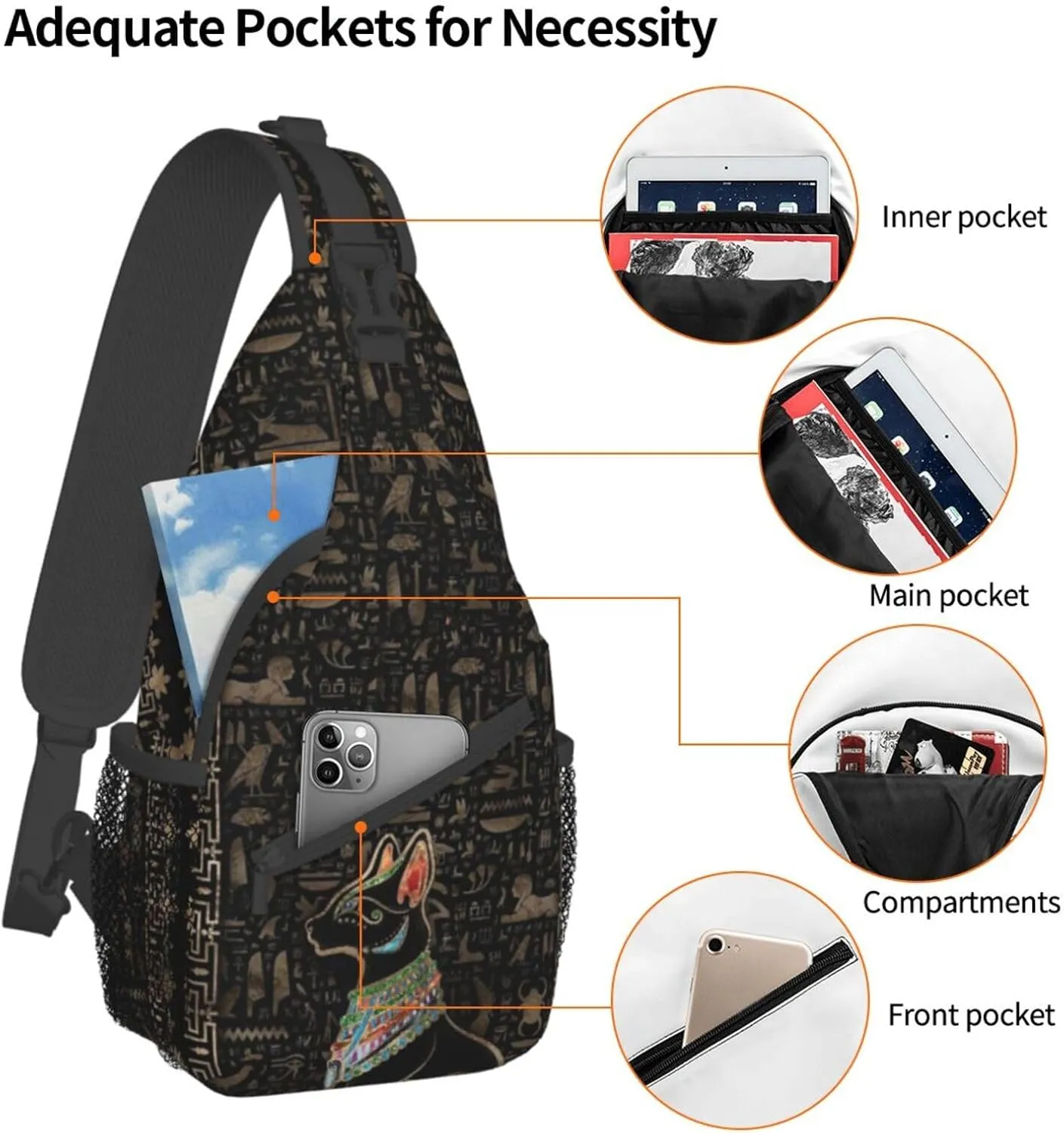 Ancient Egyptian Shoulder Bag Egypt Sling Backpack Daypack Casual Backpack Hiking Bag Hieroglyph Backpack Bag