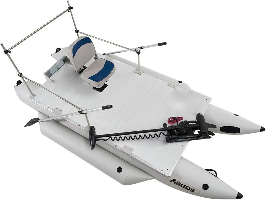 AQUOS Heavy-Duty for Two Series 12.5ft Inflatable Pontoon Boat with Folding Seat, Guard Bar and Haswing Trolling Motor for Saltwater, Freshwater Fishing