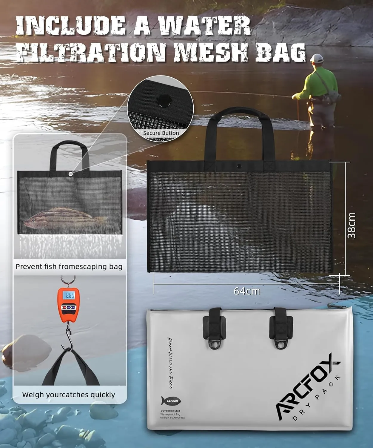 ARCFOX 28x17in Fish Bag Waterproof Leakproof with Removable Mesh, Drain Valve, Reinforced Shoulder Strap, Waterproof Zipper, See-through Pocket, Gray