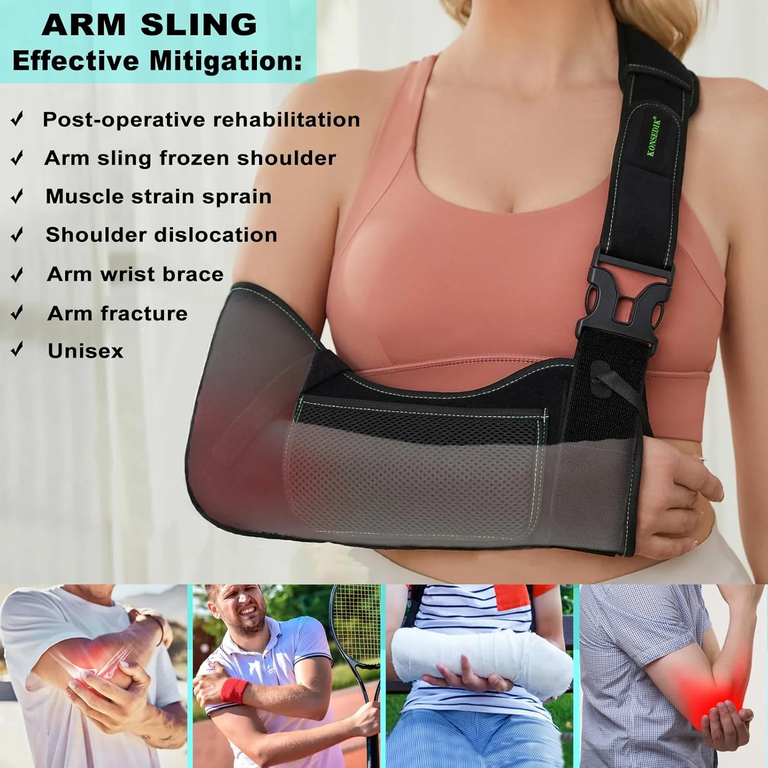 Arm Shoulder Sling for Men and Women,Porous comfort Medical Sling with Pocket Shoulder Pad for Rotator Cuff Injury,Support for Arm,Wrist, Elbow,Clavicle Fracture Post-Surgery(Black,Medium)