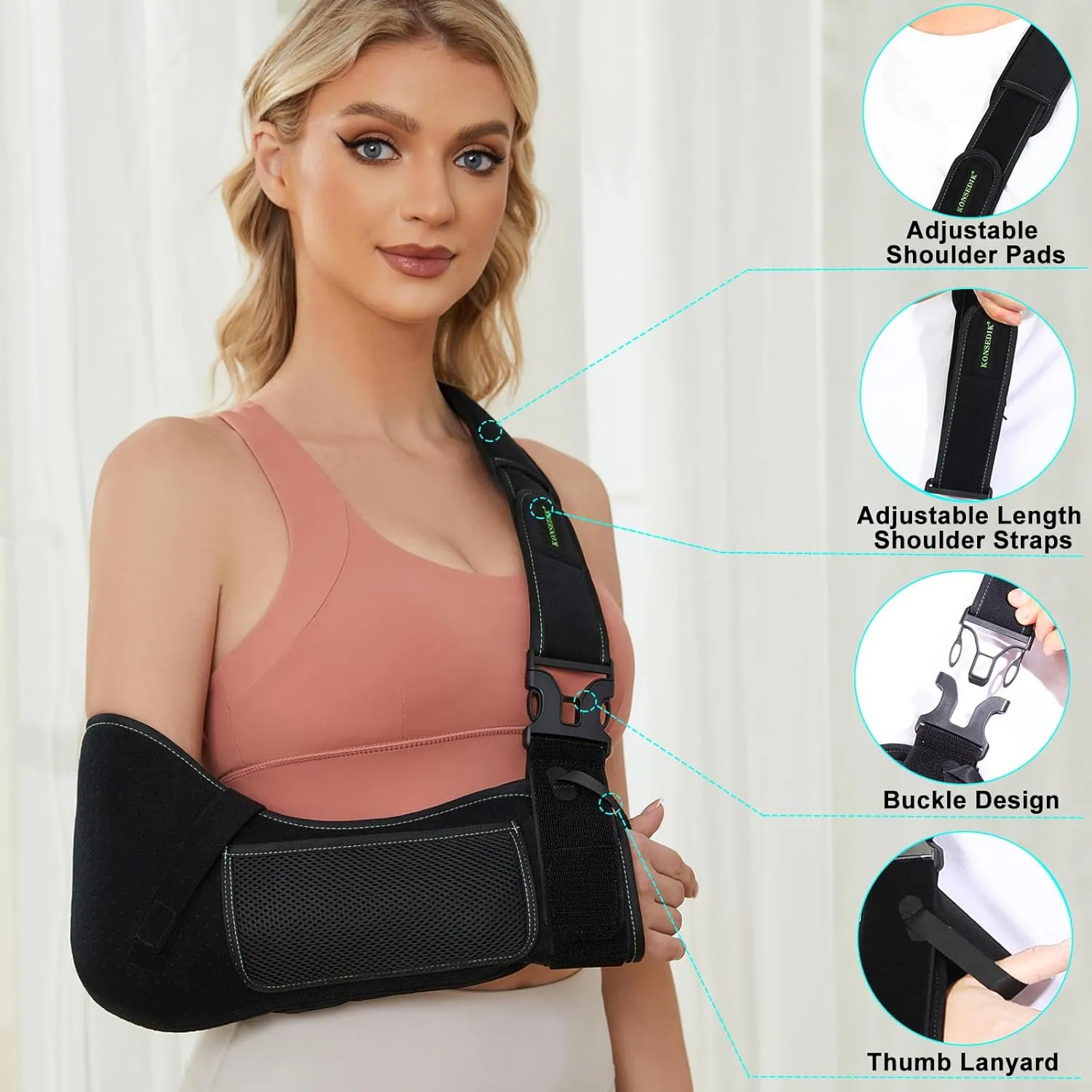 Arm Shoulder Sling for Men and Women,Porous comfort Medical Sling with Pocket Shoulder Pad for Rotator Cuff Injury,Support for Arm,Wrist, Elbow,Clavicle Fracture Post-Surgery(Black,Medium)