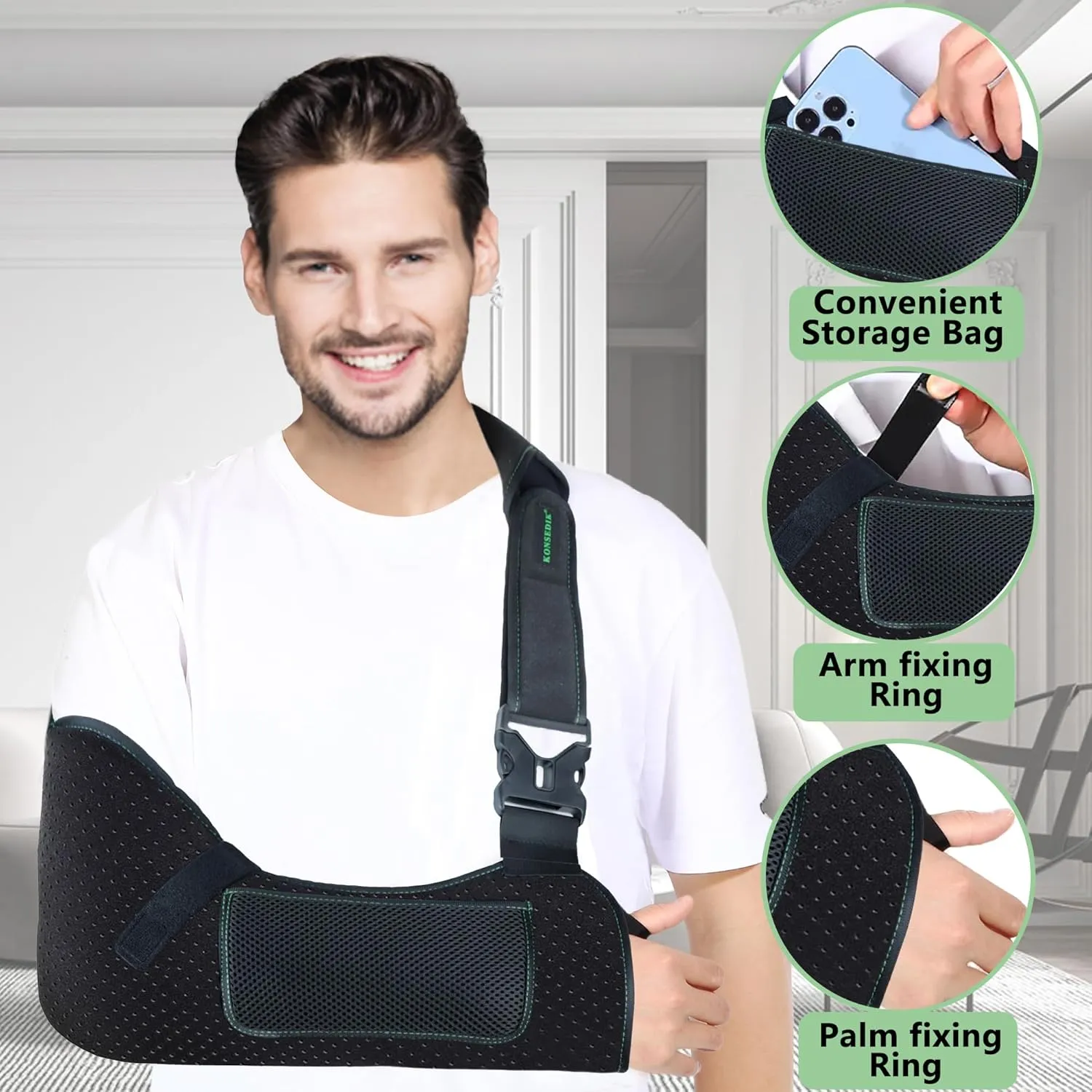 Arm Shoulder Sling for Men and Women,Porous comfort Medical Sling with Pocket Shoulder Pad for Rotator Cuff Injury,Support for Arm,Wrist, Elbow,Clavicle Fracture Post-Surgery(Black,Medium)