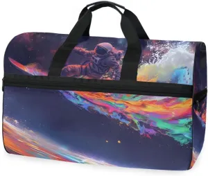 Astronaut Surfing Travel Duffel Bag Luggage Sports Gym Bags With Shoes Compartment Large Capacity Lightweight Duffle Bag For Men