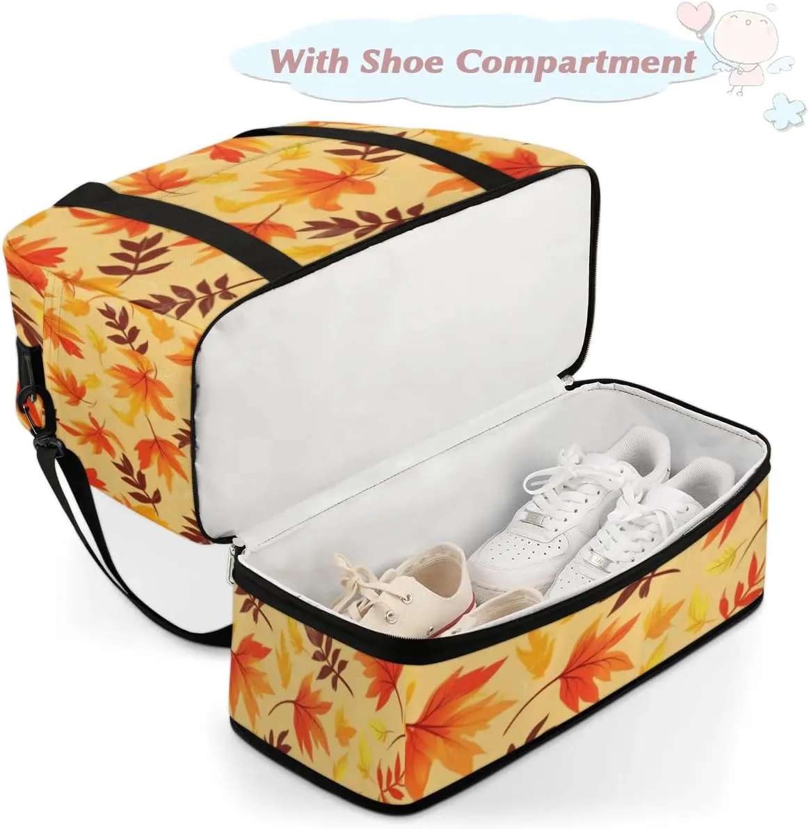 Autumn Maple Leaves Prints Sports Gym Bag with Shoes Compartment Foldable Travel Duffel Bag Dry Wet Separated Sports Tote Workout Weekender Overnight Bag for Women Yoga Dance Work Training Handbag