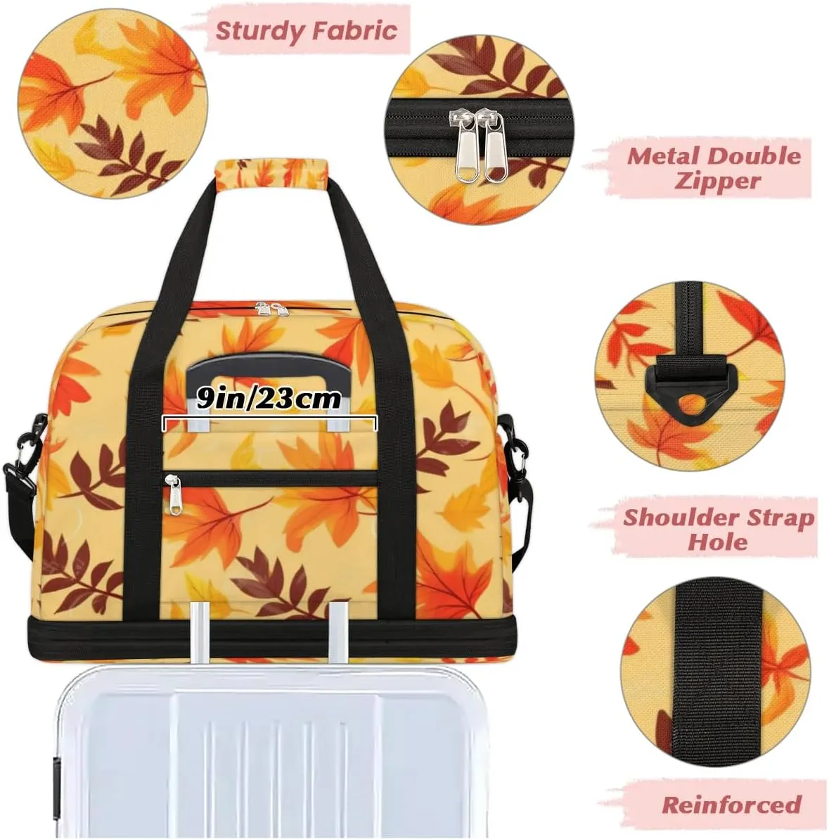 Autumn Maple Leaves Prints Sports Gym Bag with Shoes Compartment Foldable Travel Duffel Bag Dry Wet Separated Sports Tote Workout Weekender Overnight Bag for Women Yoga Dance Work Training Handbag