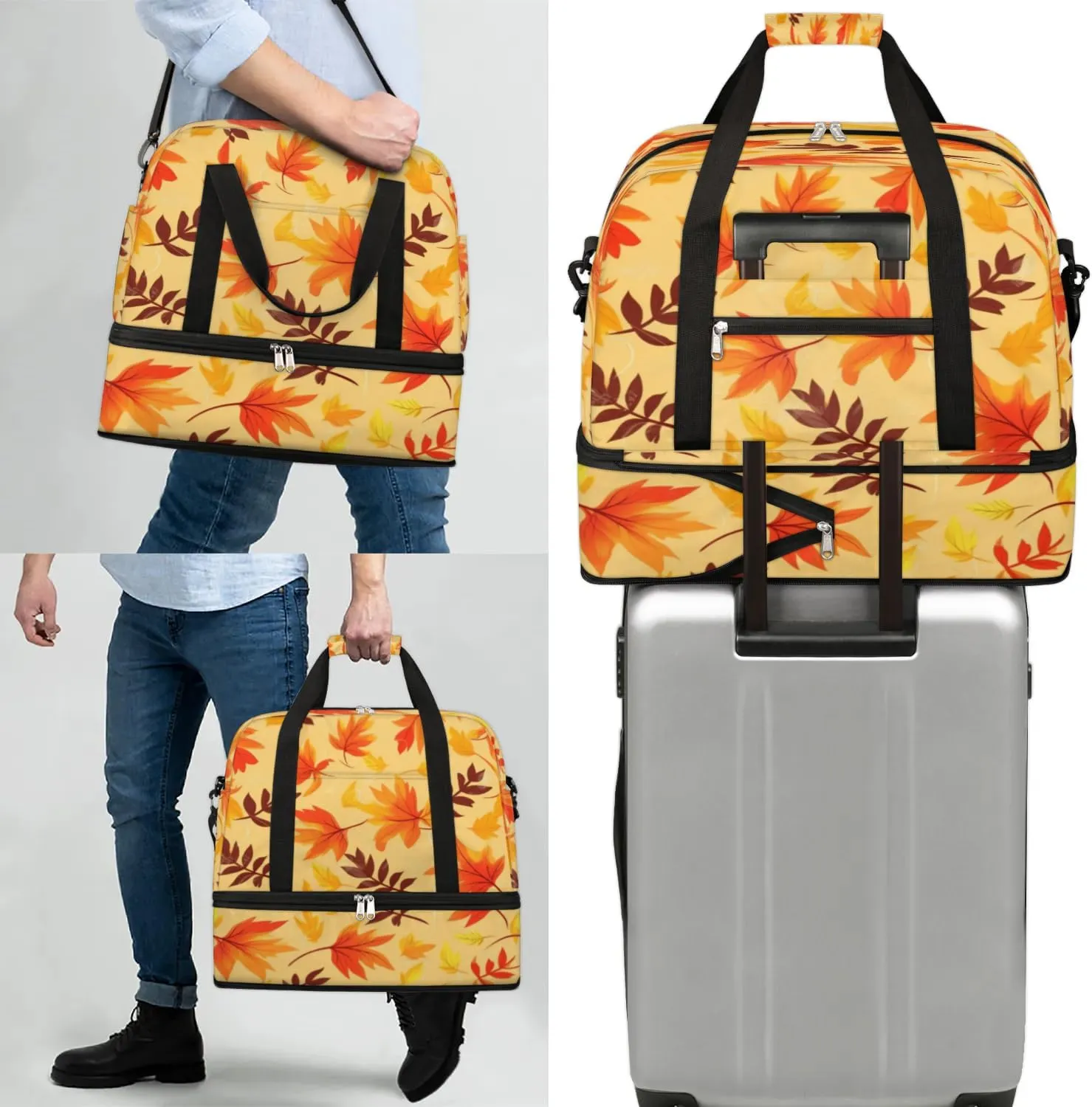 Autumn Maple Leaves Prints Sports Gym Bag with Shoes Compartment Foldable Travel Duffel Bag Dry Wet Separated Sports Tote Workout Weekender Overnight Bag for Women Yoga Dance Work Training Handbag