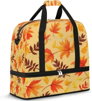 Autumn Maple Leaves Prints Sports Gym Bag with Shoes Compartment Foldable Travel Duffel Bag Dry Wet Separated Sports Tote Workout Weekender Overnight Bag for Women Yoga Dance Work Training Handbag