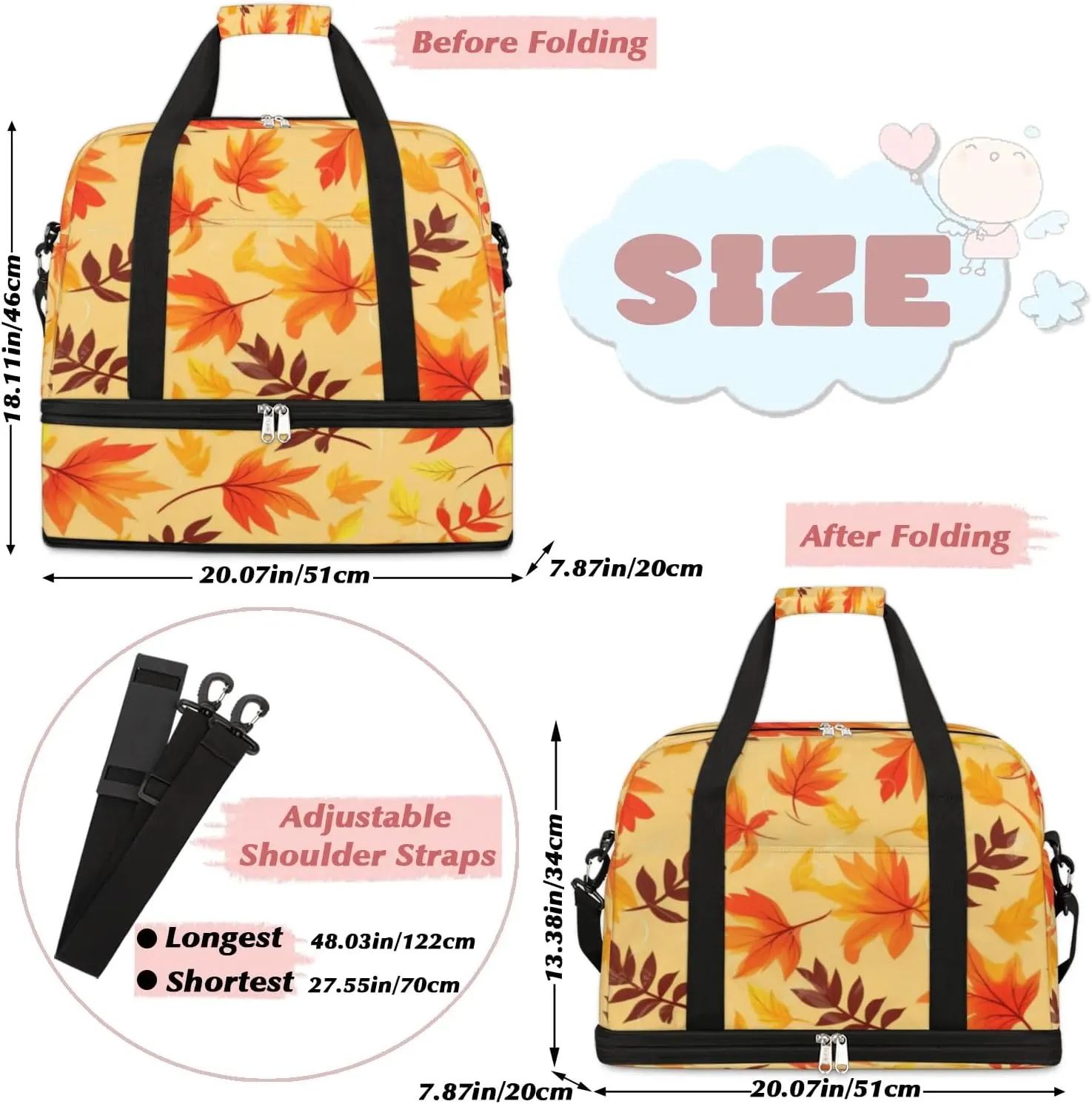 Autumn Maple Leaves Prints Sports Gym Bag with Shoes Compartment Foldable Travel Duffel Bag Dry Wet Separated Sports Tote Workout Weekender Overnight Bag for Women Yoga Dance Work Training Handbag