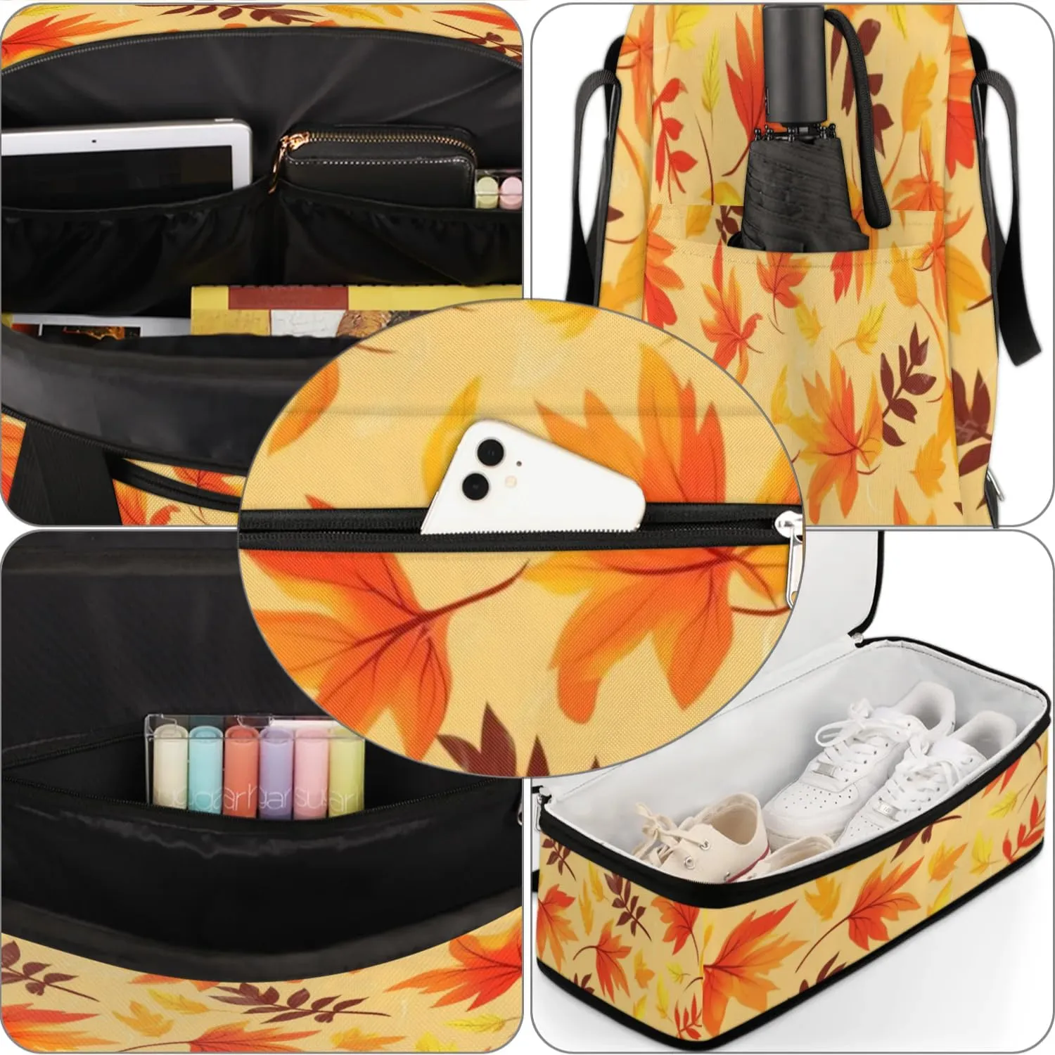 Autumn Maple Leaves Prints Sports Gym Bag with Shoes Compartment Foldable Travel Duffel Bag Dry Wet Separated Sports Tote Workout Weekender Overnight Bag for Women Yoga Dance Work Training Handbag
