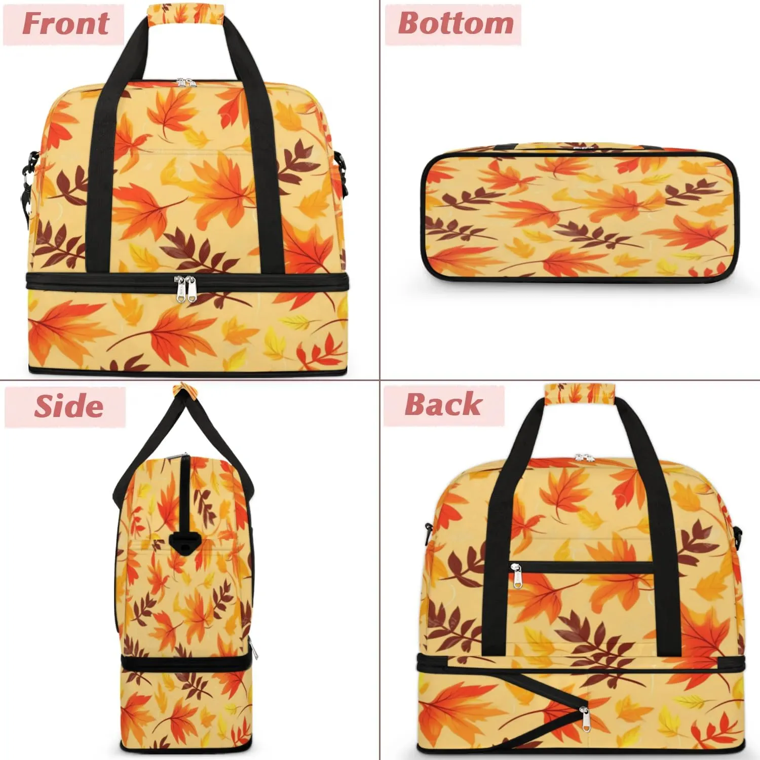 Autumn Maple Leaves Prints Sports Gym Bag with Shoes Compartment Foldable Travel Duffel Bag Dry Wet Separated Sports Tote Workout Weekender Overnight Bag for Women Yoga Dance Work Training Handbag