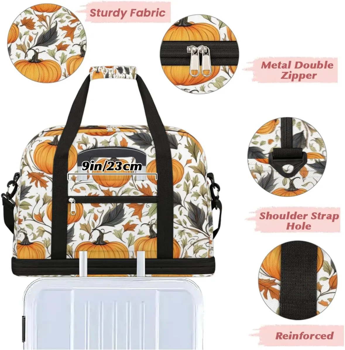 Autumn Maple Leaves Pumpkin Sports Gym Bag with Shoes Compartment Foldable Travel Duffel Bag Dry Wet Separated Sports Tote Workout Weekender Overnight Bag for Women Yoga Dance Work Training Handbag
