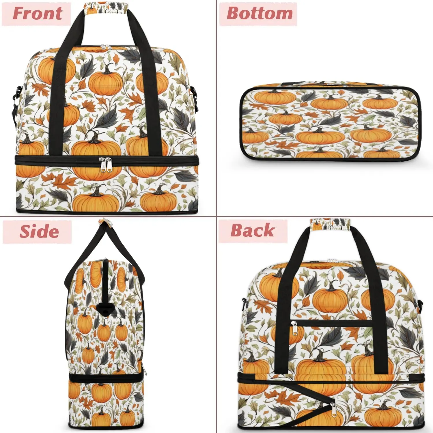 Autumn Maple Leaves Pumpkin Sports Gym Bag with Shoes Compartment Foldable Travel Duffel Bag Dry Wet Separated Sports Tote Workout Weekender Overnight Bag for Women Yoga Dance Work Training Handbag