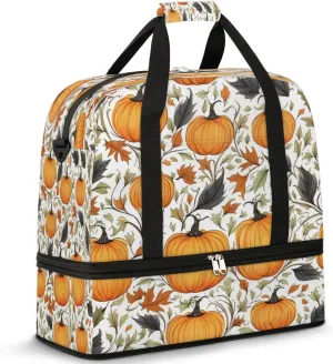 Autumn Maple Leaves Pumpkin Sports Gym Bag with Shoes Compartment Foldable Travel Duffel Bag Dry Wet Separated Sports Tote Workout Weekender Overnight Bag for Women Yoga Dance Work Training Handbag